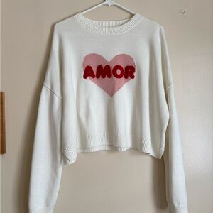 Jessica Simpson White Sweater with Pink Heart and Red 'AMOR' Valentines Day 🩷